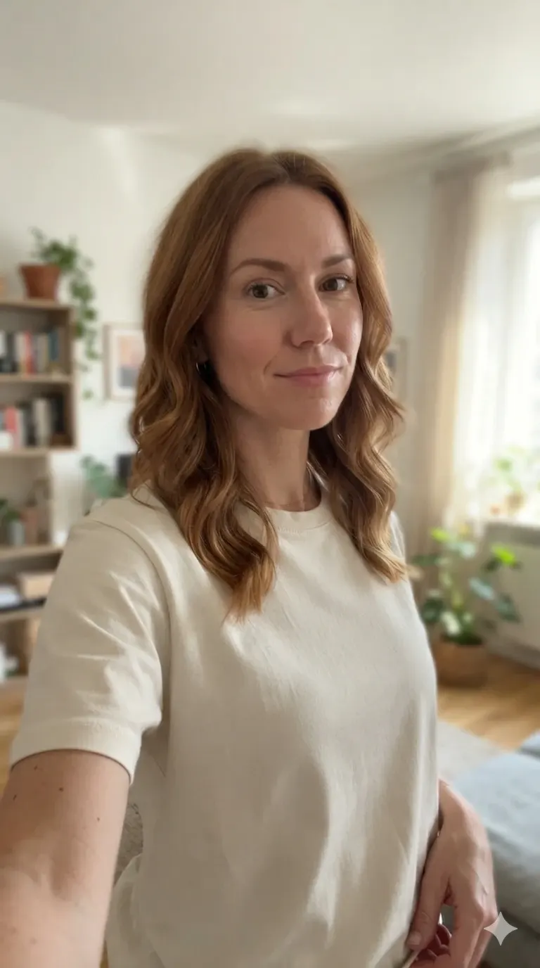 Illustration of a WeTryOn live virtual try-on: a shopper sees herself wearing the ecru T-shirt on her phone camera