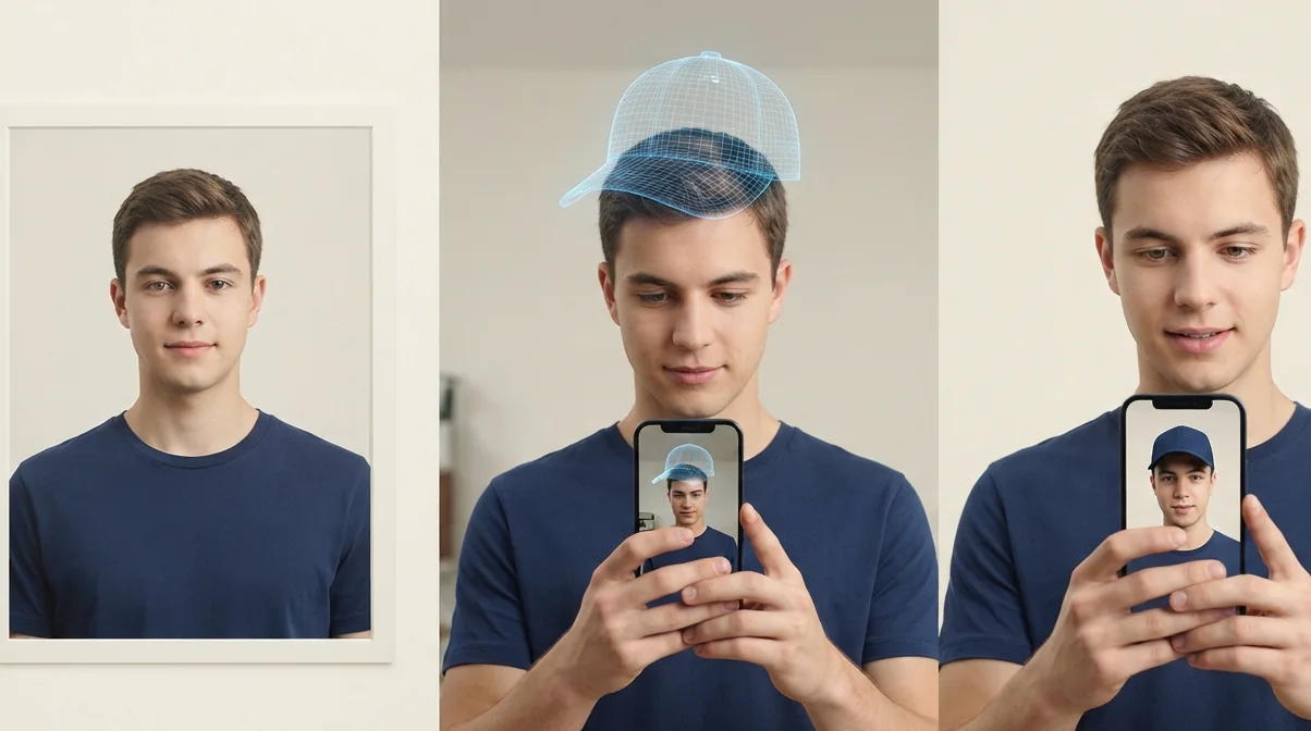 The same person shown three ways: a still photo, a phone showing a 3D wireframe cap floating above his head, and a phone showing live video of him wearing the cap