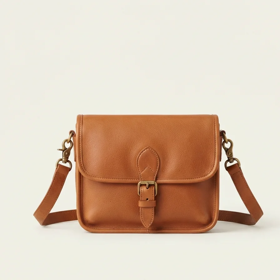 Tan leather crossbody bag on a plain background