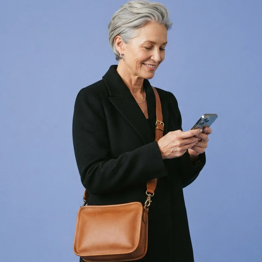 AI-generated model wearing a tan leather crossbody bag over a black coat