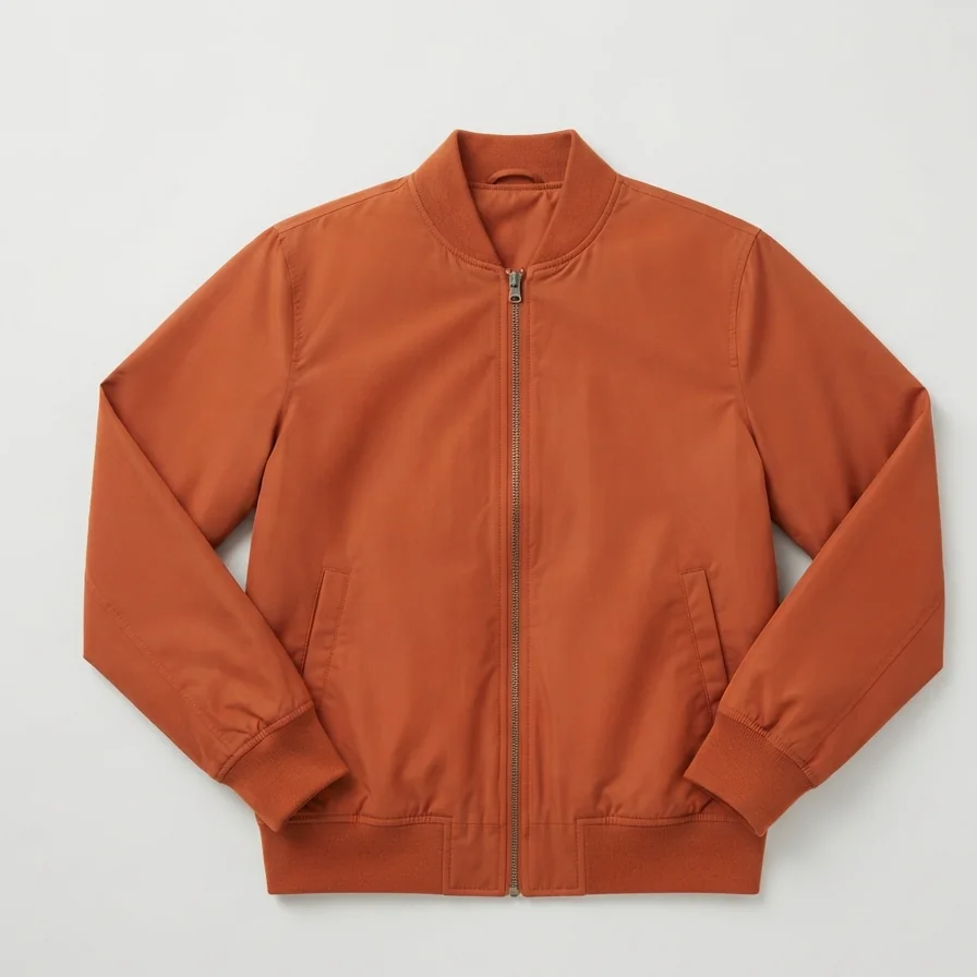 Rust-orange bomber jacket laid flat on a plain background