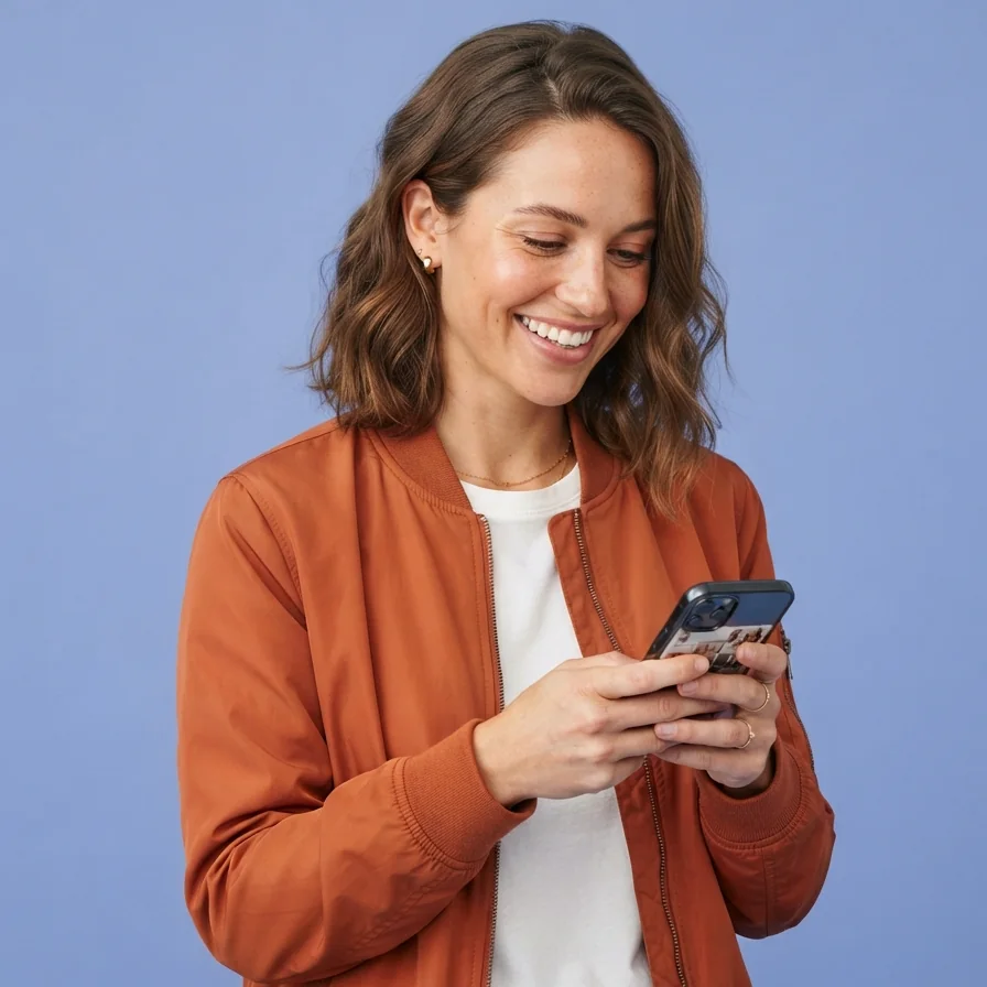 AI-generated model wearing a rust-orange bomber jacket, smiling at her phone