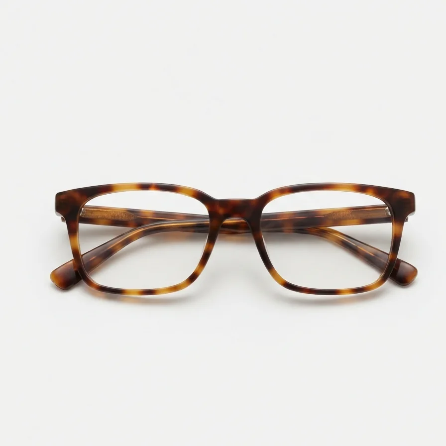 Tortoiseshell rectangular glasses on a plain white background