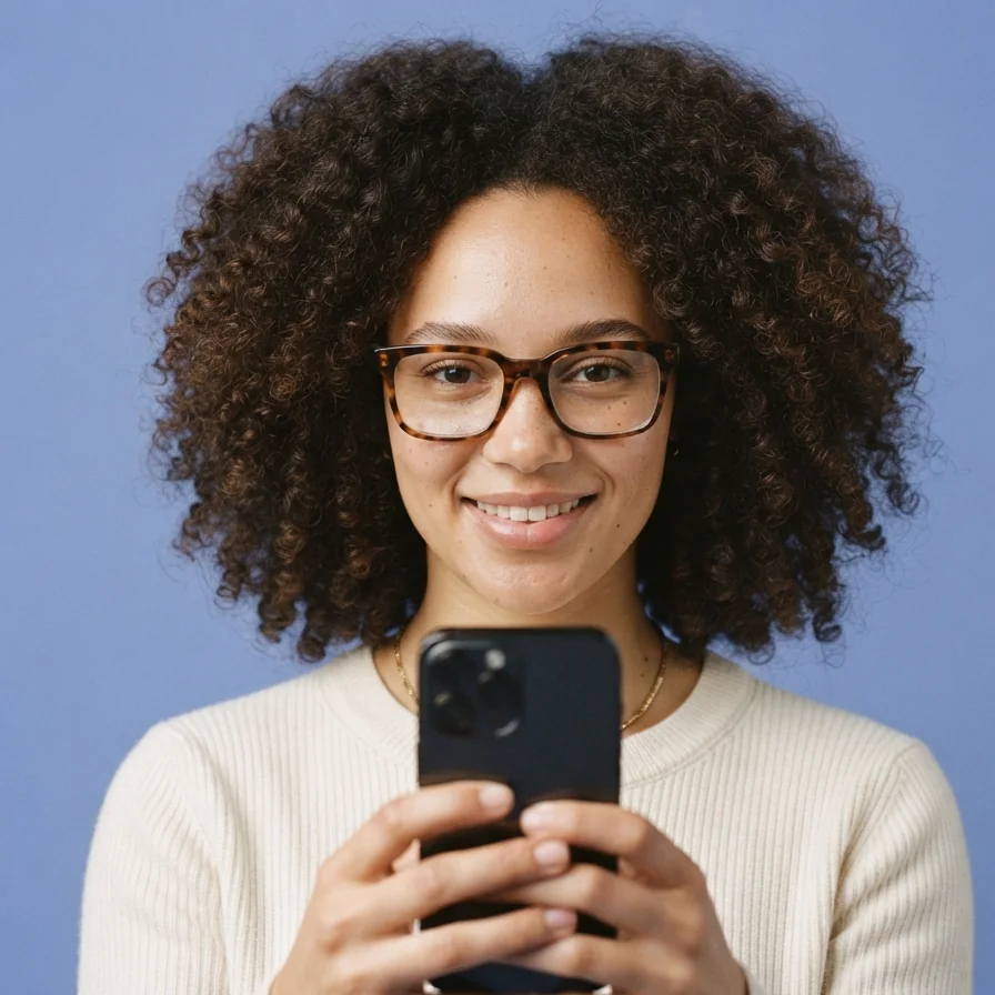 AI-generated model wearing tortoiseshell glasses, holding up her phone