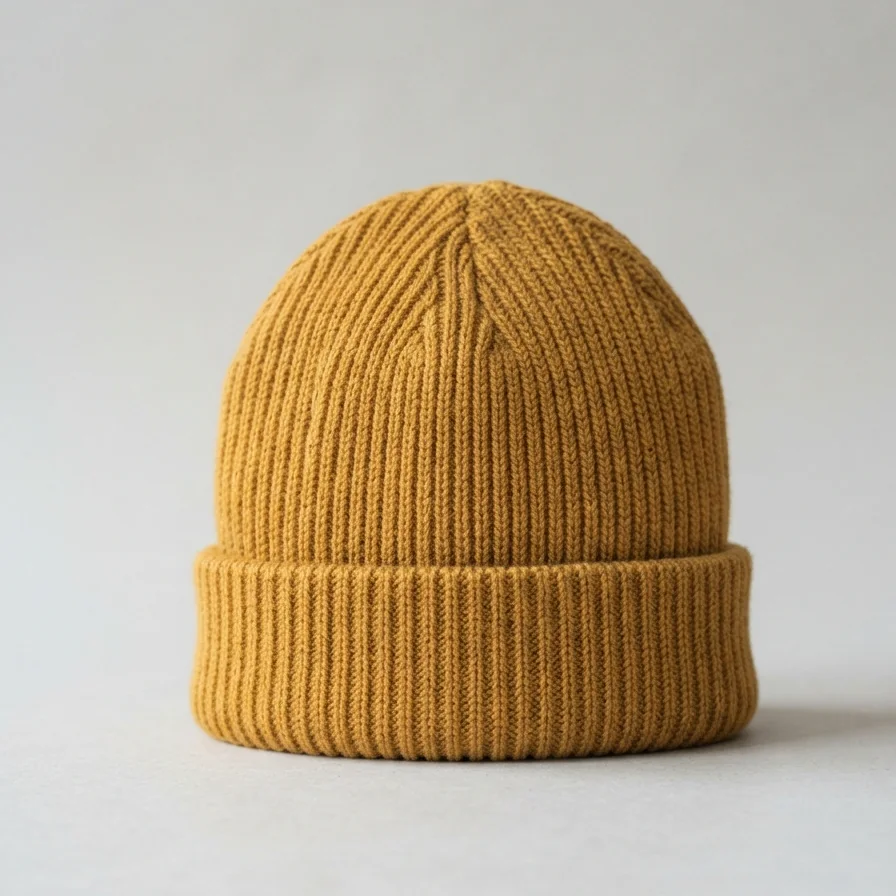 Mustard ribbed knit beanie on a plain background