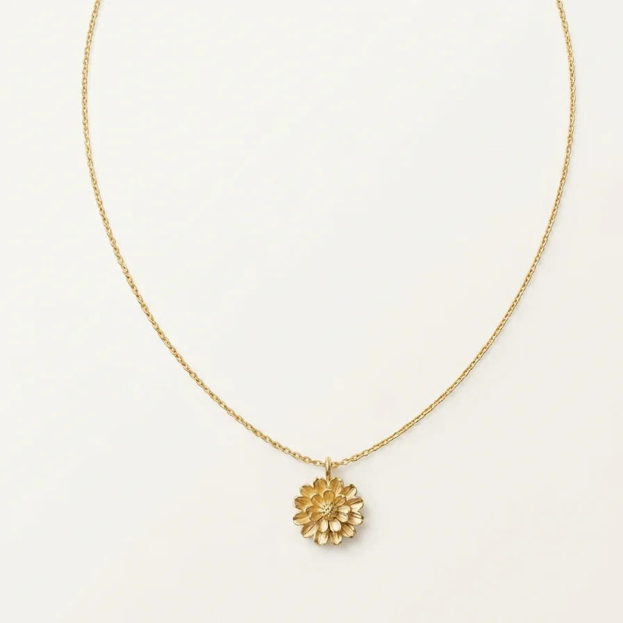 Gold flower pendant necklace laid flat on a plain background
