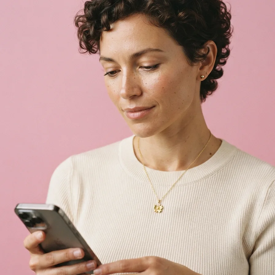 AI-generated model wearing a gold flower pendant necklace, looking at her phone