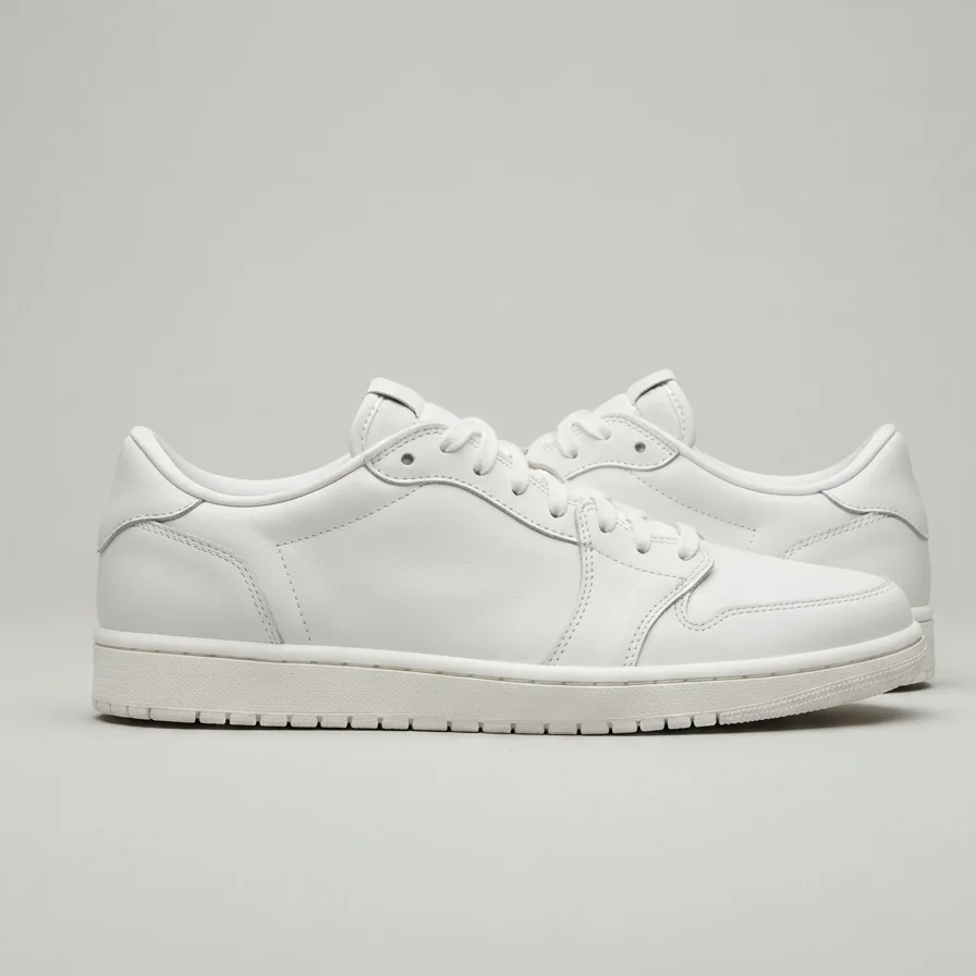 Pair of plain white leather low-top sneakers on a plain background