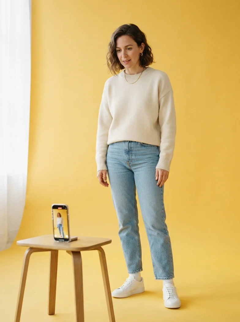 AI-generated model in white sneakers standing back from a phone propped on a stool