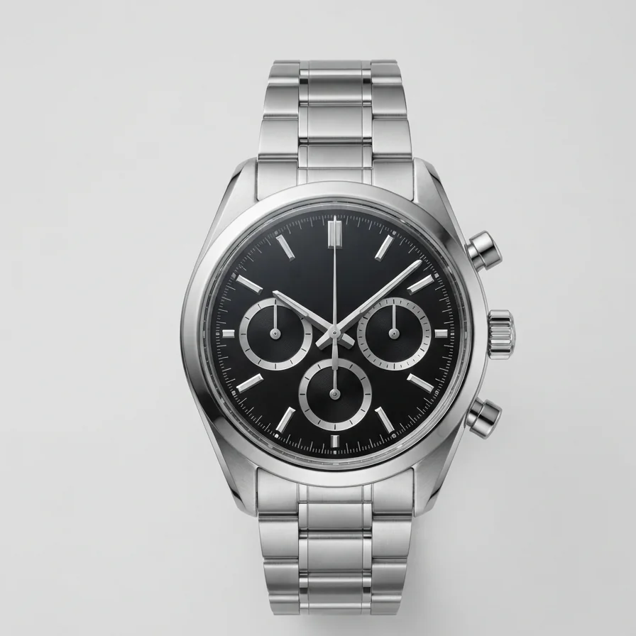 Silver steel chronograph watch with a black dial on a plain background