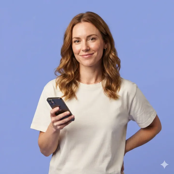 A woman in an ecru T-shirt holding a phone