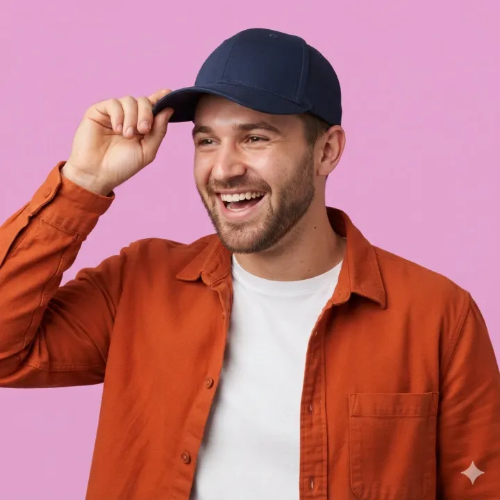 A man laughing, touching the brim of a navy cap