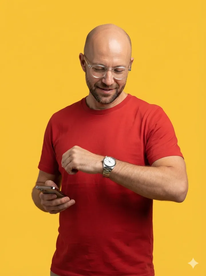 A man checking a steel wristwatch
